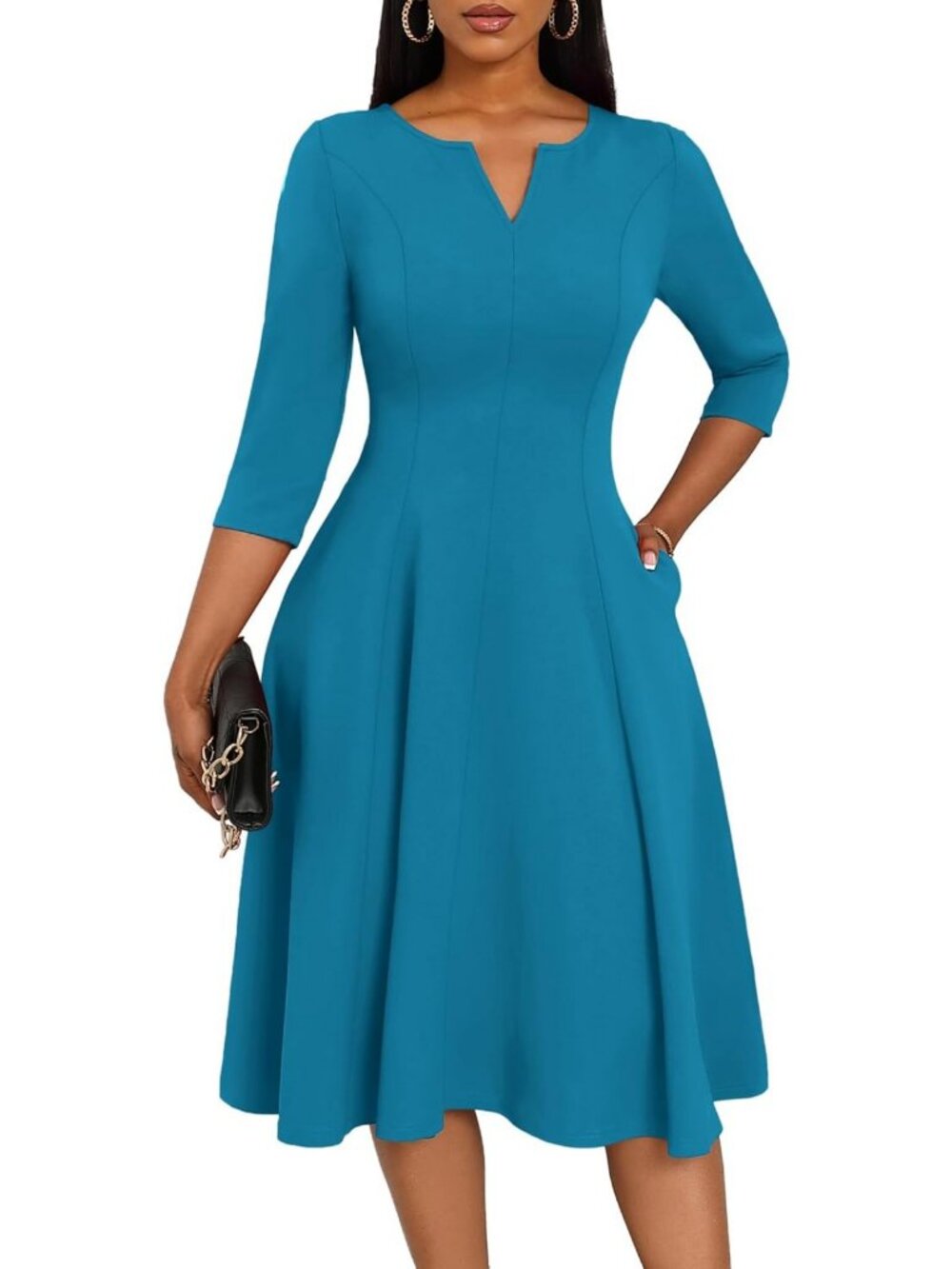 Chic A-Line Midi Dress for Women | Stylish Church Dress with Pockets